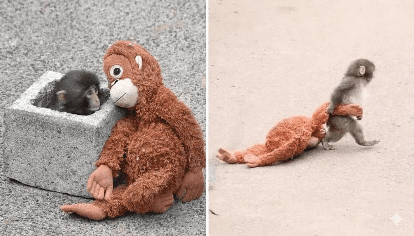 Abandoned Baby Monkey Punch with best friend Stuffed Orangutan